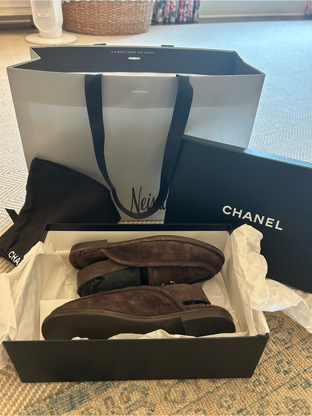 CHANEL Dark Brown Suede Slingback Shearling Loafers